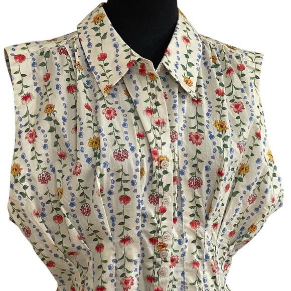 &merci Sleeveless Cream Floral Button-Front Blouse  Sz L Pleated Peplum Waist - Picture 4 of 13